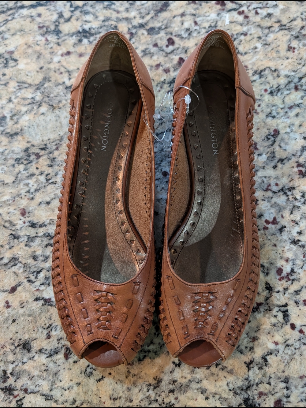 Covington Women's Brown Woven Leather Peep-Toe Micro Wedge Sz 8